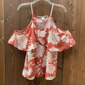 LA Gypsy dusty rose floral top; cold shoulder, lovely color
